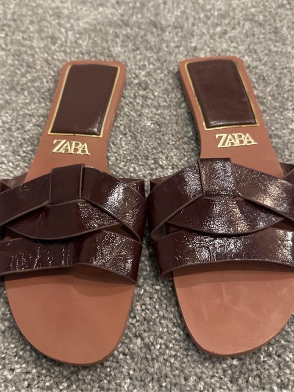 ZARA Dark Brown Braided Leather Slide Mules